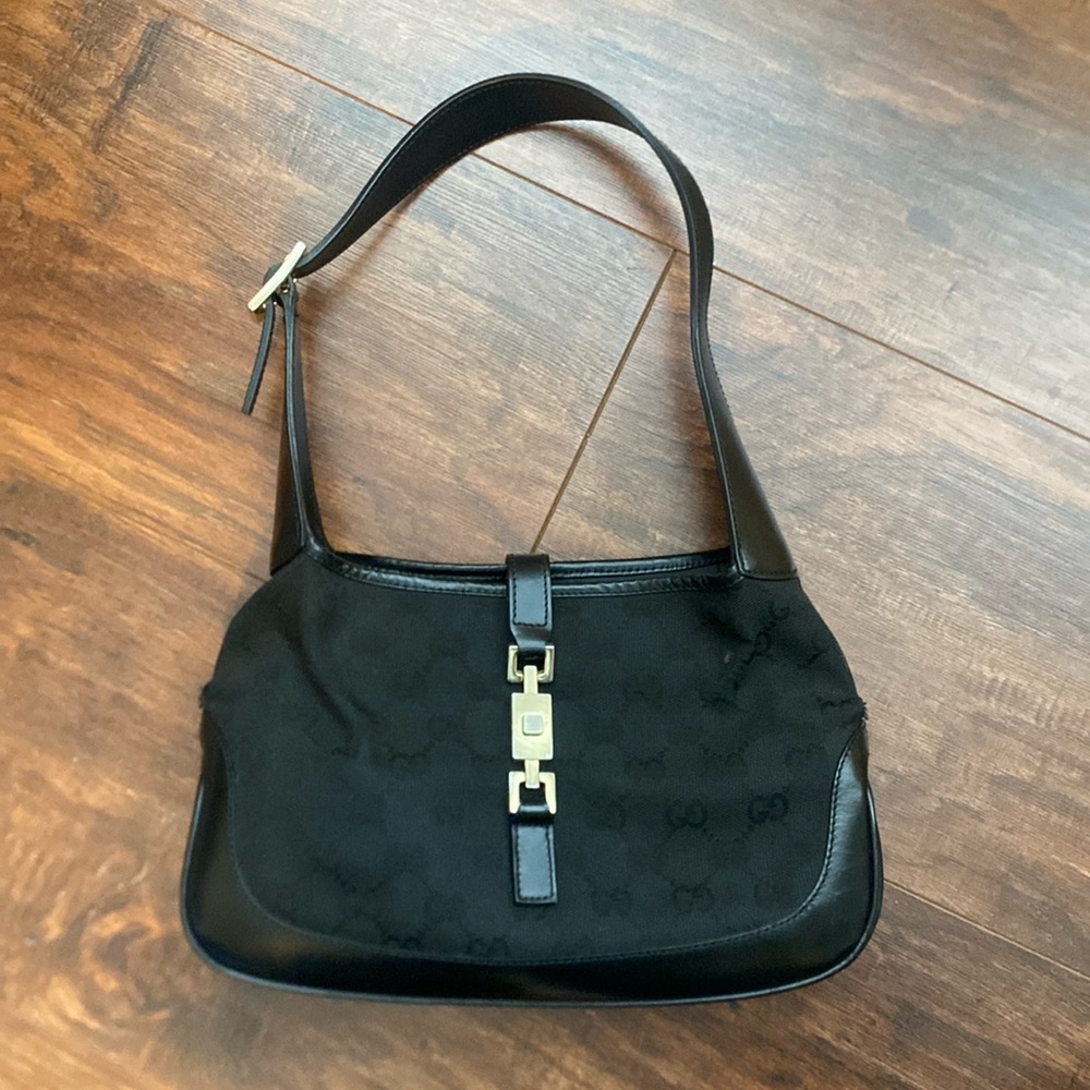 USED Vintage Jackie O Hobo in Black GG (cloth w/black leather trim).